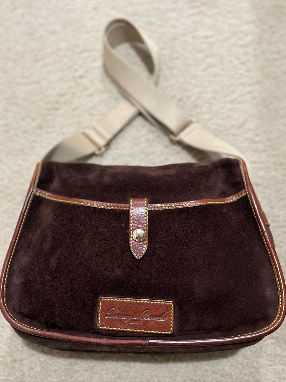 Vintage Dooney & Bourke Dark Brown Suede Crossbody with Tan Leather Accents - Picture 4 of 16